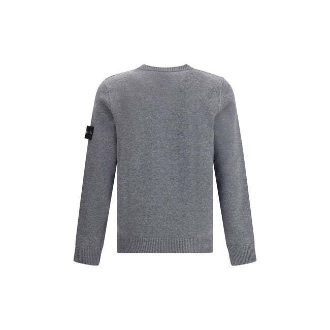 Gray Wool SweatshirtWool Sweater by Stone Island featuring a ribbed crew neck, a logo patch applied to the left sleeve and ribbed trim at the cuffs and hem. The monochrome design enhances the clean lines of the garment, perfect for a casual yet polished l