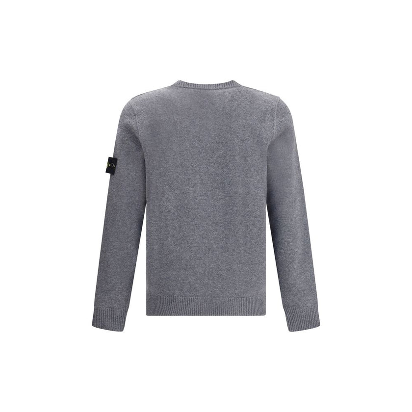 Gray Wool SweatshirtWool Sweater by Stone Island featuring a ribbed crew neck, a logo patch applied to the left sleeve and ribbed trim at the cuffs and hem. The monochrome design enhances the clean lines of the garment, perfect for a casual yet polished l
