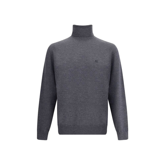 Gray Wool TurtleneckWool turtleneck Sweater by Etro features a ribbed high neck that ensures warmth and comfort. The garment features a tone-on-tone embroidered Pegasus logo on the front, a refined detail that recalls the brand’s distinctive identity. Com