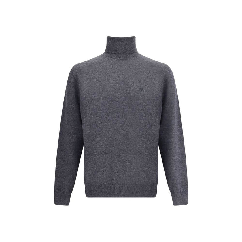 Gray Wool TurtleneckWool turtleneck Sweater by Etro features a ribbed high neck that ensures warmth and comfort. The garment features a tone-on-tone embroidered Pegasus logo on the front, a refined detail that recalls the brand’s distinctive identity. Com