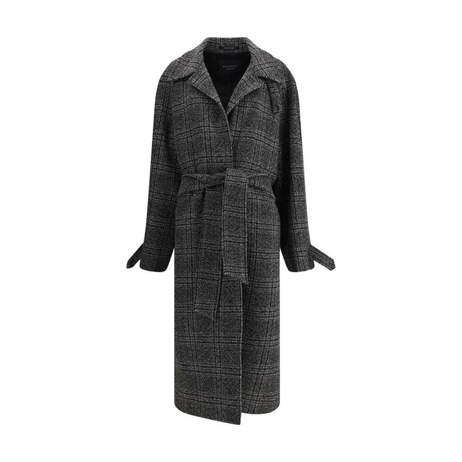 Gray Wool CoatBalenciaga’s Long Coat is a statement piece that combines elegance and character. Crafted from wool with a refined checked design, it features welt pockets on the front and distinctive details such as belt loops on the collar and sleeve. The