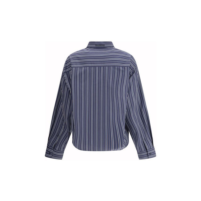 Blue Cotton Pattern ShirtThe Balenciaga Striped Shirt reinterprets a wardrobe classic with the brand’s bold aesthetic. Featuring a classic collar and a front button closure, it has an oversized design and two side vents that add movement and modernity. A