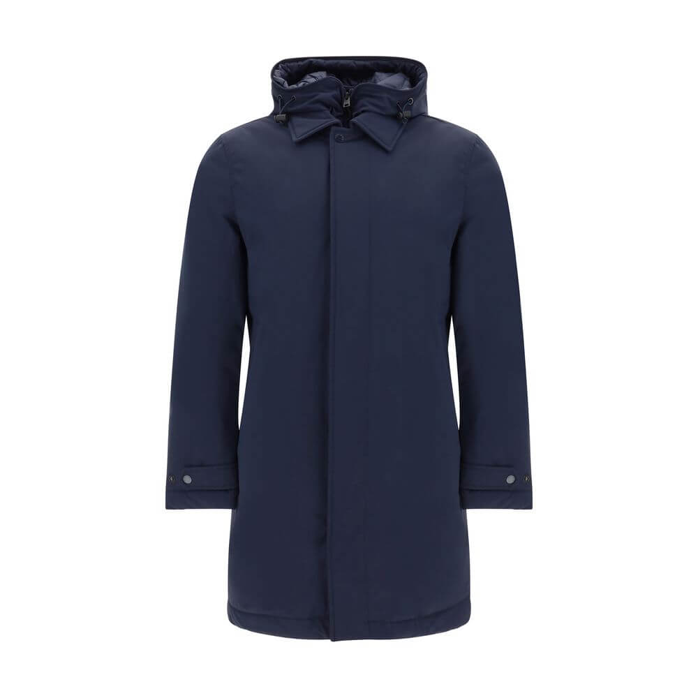 Blue Polyester CoatCarcoat Down Jacket by Woolrich, high-neck model with drawstring-adjustable and removable hood, double-layer closure by zipper and button flap on front, adjustable button cuffs, two zippered welt pockets, all-over quilted and padded des