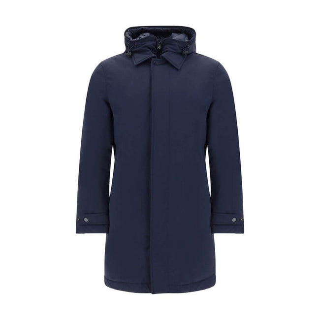 Blue Polyester CoatCarcoat Down Jacket by Woolrich, high-neck model with drawstring-adjustable and removable hood, double-layer closure by zipper and button flap on front, adjustable button cuffs, two zippered welt pockets, all-over quilted and padded des
