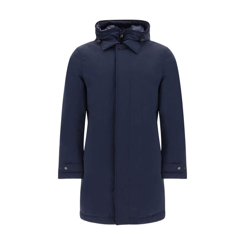 Blue Polyester CoatCarcoat Down Jacket by Woolrich, high-neck model with drawstring-adjustable and removable hood, double-layer closure by zipper and button flap on front, adjustable button cuffs, two zippered welt pockets, all-over quilted and padded des