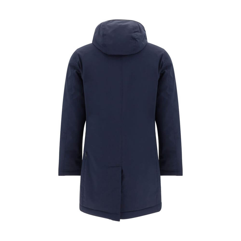 Blue Polyester CoatCarcoat Down Jacket by Woolrich, high-neck model with drawstring-adjustable and removable hood, double-layer closure by zipper and button flap on front, adjustable button cuffs, two zippered welt pockets, all-over quilted and padded des