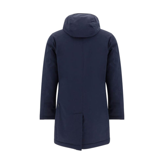 Blue Polyester CoatCarcoat Down Jacket by Woolrich, high-neck model with drawstring-adjustable and removable hood, double-layer closure by zipper and button flap on front, adjustable button cuffs, two zippered welt pockets, all-over quilted and padded des