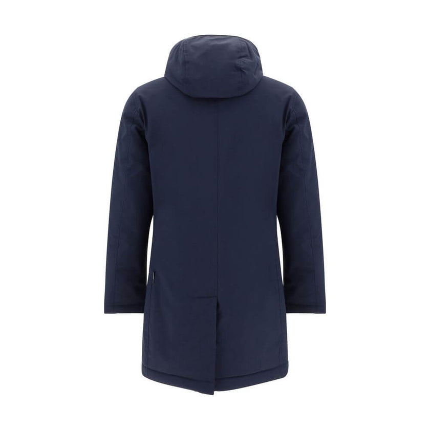 Blue Polyester CoatCarcoat Down Jacket by Woolrich, high-neck model with drawstring-adjustable and removable hood, double-layer closure by zipper and button flap on front, adjustable button cuffs, two zippered welt pockets, all-over quilted and padded des