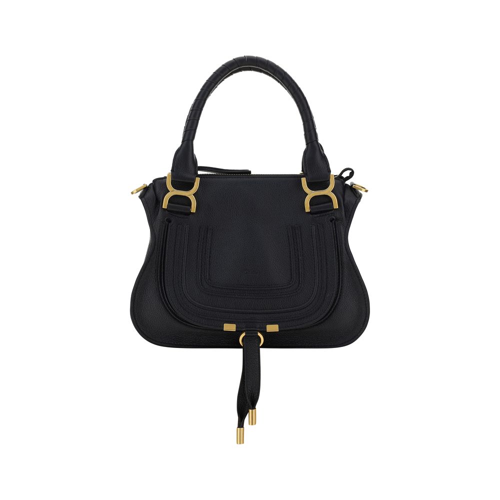 Marcie HandbagCalfskin Marcie Handbag by Chloé, double rigid leather top handle, removable and adjustable leather shoulder strap, top zipper closure, front flap with iconic leather tassel detail, iconic brand monogram press-stamped on front, open front po