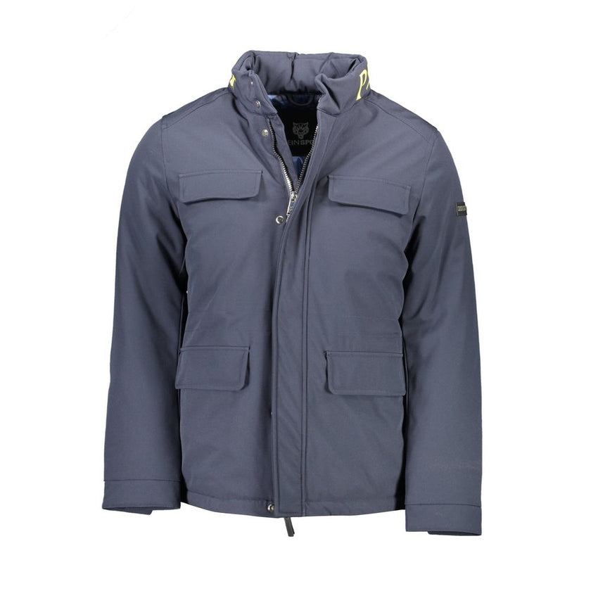 Blue Polyester Men's JacketUnleash the essence of powerhouse style with the Plein Sport long-sleeved jacket. A striking confluence of functionality and high fashion, this bold blue jacket features a cleverly concealed hood perfect for shifting weathers. F