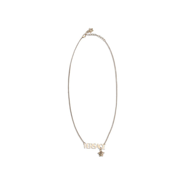 Gold Metal NecklaceThe Versace Logo Necklace is a thin and refined jewel, composed of a delicate chain on which the Versace writing stands out and a small Medusa pendant, the iconic symbol of the fashion house. Made with hypoallergenic materials, free of