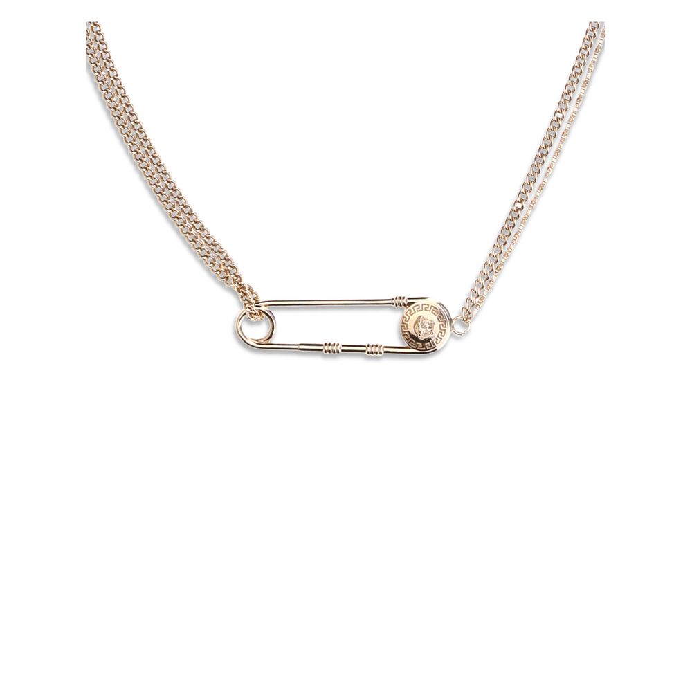 Gold Metal NecklaceThe Versace Safety Pin Necklace is a slim, contemporary accessory featuring an elegant double chain and the iconic Safety Pin pendant that defines its bold character. A label engraved with the Versace logo completes the design, while th