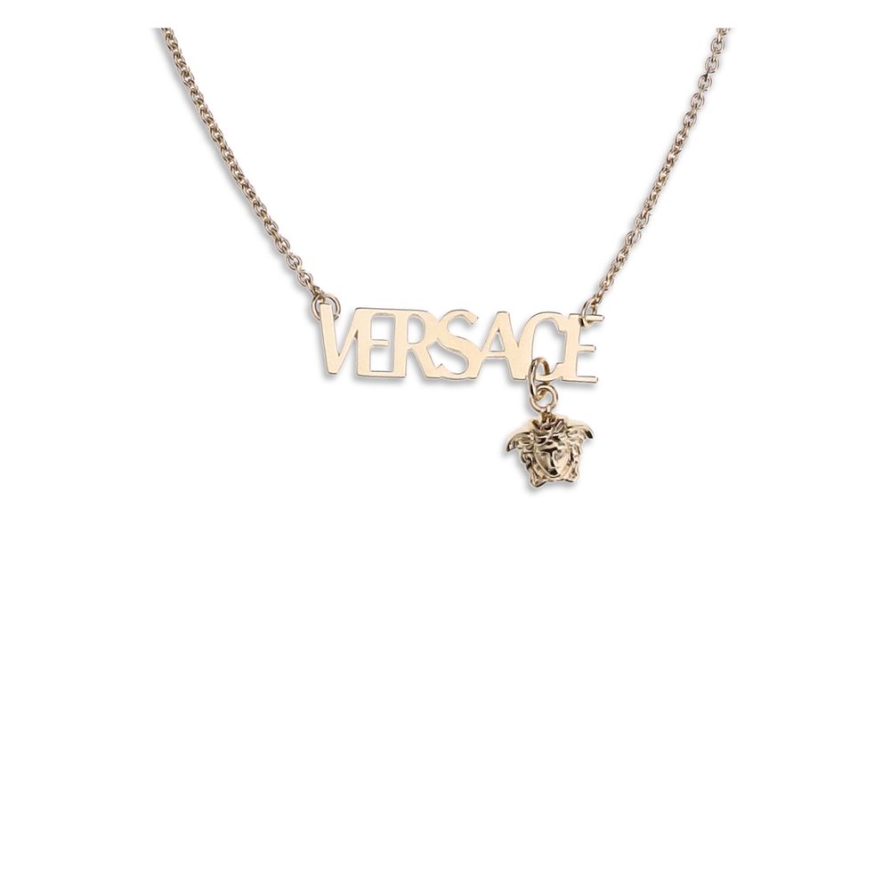 Gold Metal NecklaceThe Versace Logo Necklace is a thin and refined jewel, composed of a delicate chain on which the Versace writing stands out and a small Medusa pendant, the iconic symbol of the fashion house. Made with hypoallergenic materials, free of