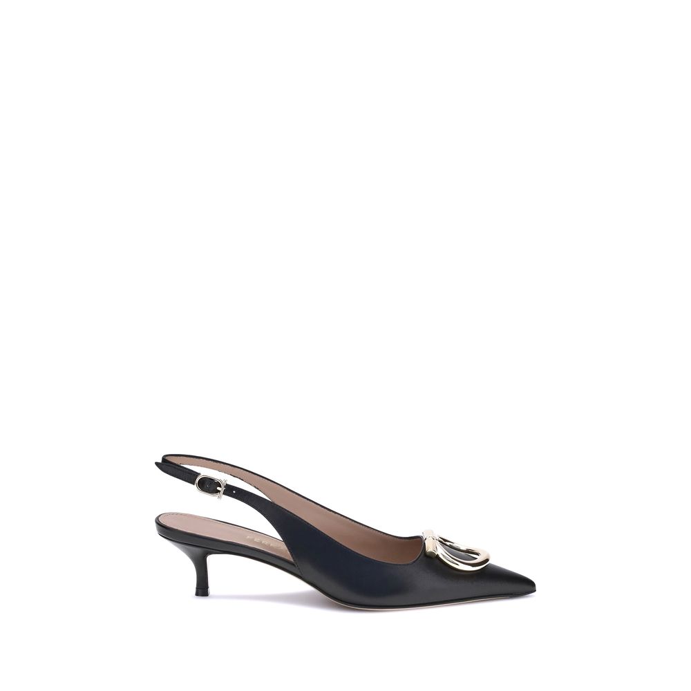 Black Calf Leather Bos Taurus PumpsThe Gancini slingback Pumps by Ferragamo combine classic elegance and iconic details. The softly rounded neckline enhances the silhouette of the foot, giving it a harmonious and feminine line. The famous Gancini ornament