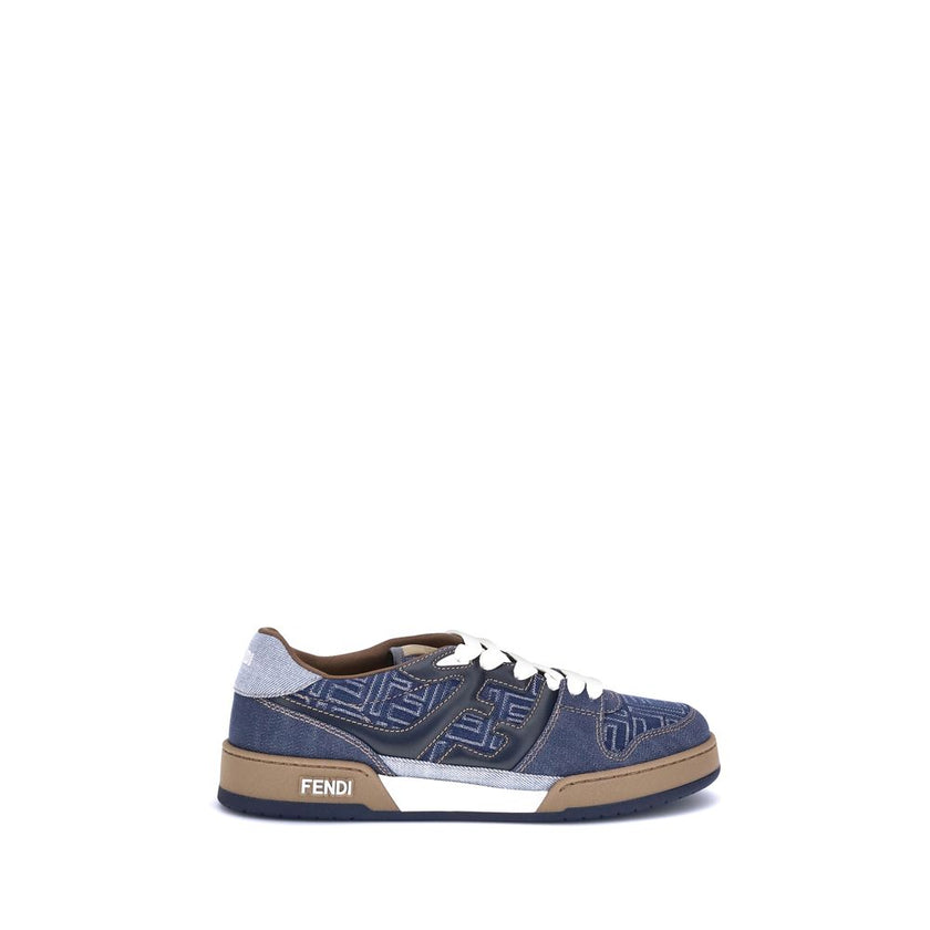 Blue Cotton Low Top SneakersFendi’s lace-up Sneakers combine urban style and iconic details. Crafted from blue denim-effect FF jacquard, they are enriched with contrasting leather-colored stitching and a padded dark blue leather FF appliqué on the side. C