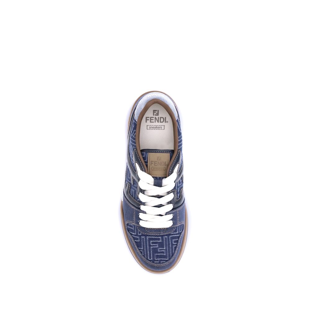 Blue Cotton Low Top SneakersFendi’s lace-up Sneakers combine urban style and iconic details. Crafted from blue denim-effect FF jacquard, they are enriched with contrasting leather-colored stitching and a padded dark blue leather FF appliqué on the side. C