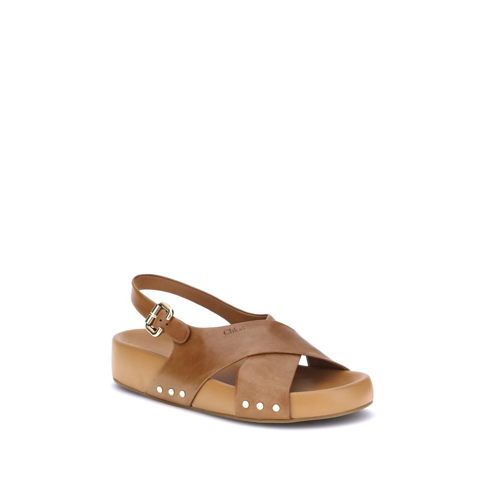 Mae SandalsThe Mae Sandals by Chloé, crafted from smooth calfskin, combine elegance and comfort thanks to the anatomical insole designed to last all day. The upper is characterized by crossed straps and an adjustable ankle strap, secured by the iconic Pad
