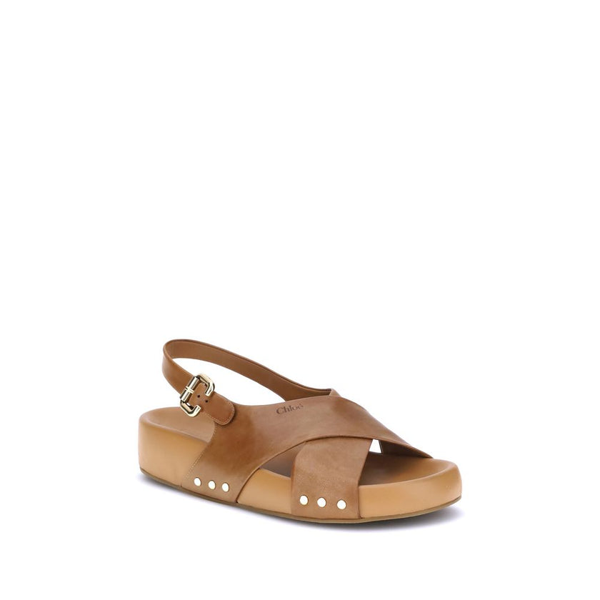 Mae SandalsThe Mae Sandals by Chloé, crafted from smooth calfskin, combine elegance and comfort thanks to the anatomical insole designed to last all day. The upper is characterized by crossed straps and an adjustable ankle strap, secured by the iconic Pad