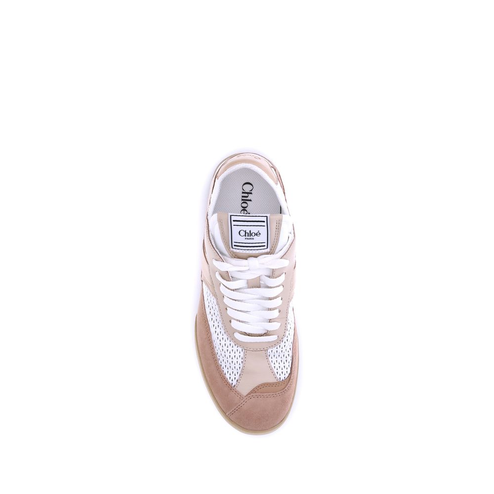 Beige Calf Leather Bos Taurus Low Top SneakersChloé’s Kick Sneakers are a perfect blend of modern style and comfort, ideal for a dynamic, casual-chic look. Made of mesh, smooth leather and suede, these sneakers offer a combination of textures that enrich