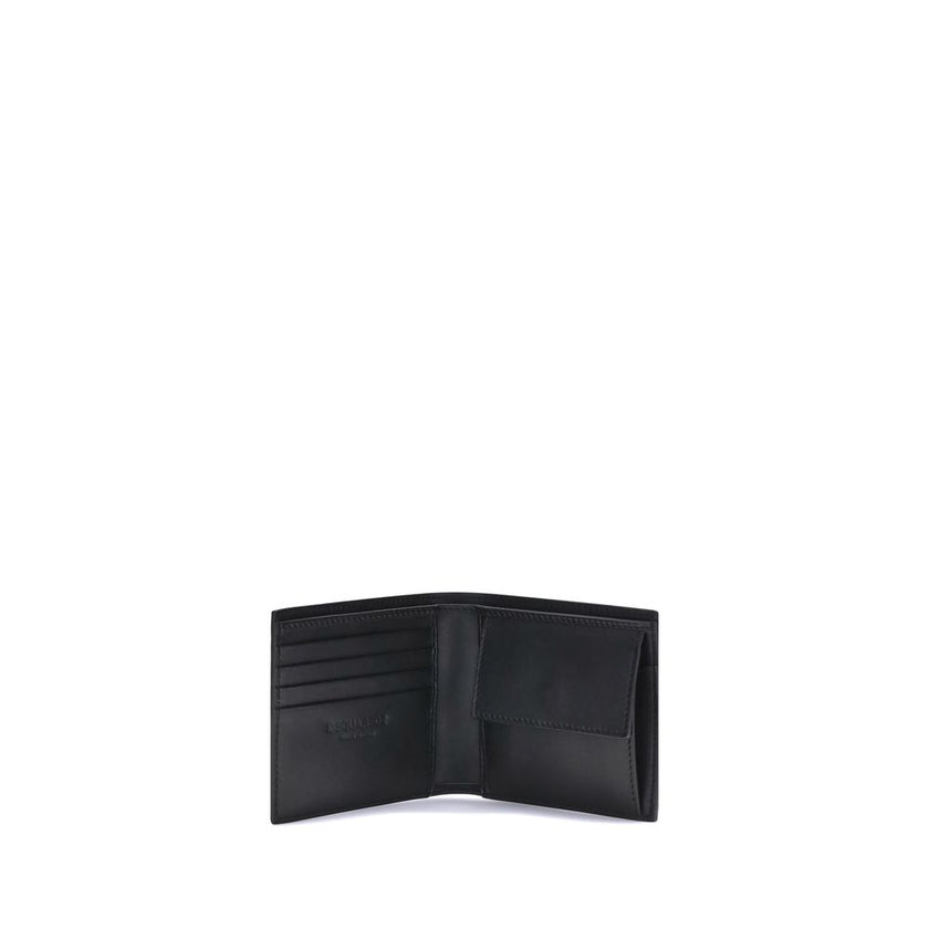 Black Calf Leather Bos Taurus WalletThe Dsquared2 bifold Wallet combines practicality and essential style. Made with a compact and functional design, it features the logo in low relief on the front. Inside, it offers four card slots, a space for banknotes