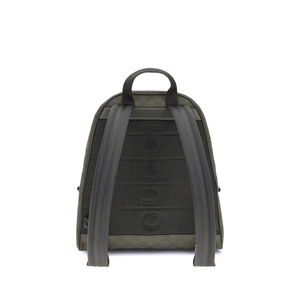 Green Cotton BackpackGucci’s Medium GG fabric Backpack is a functional and distinctive accessory. Made of the iconic forest green GG fabric, it is enhanced by elegant leather trim in the same color. The famous green and red Web detail adds a sporty and in