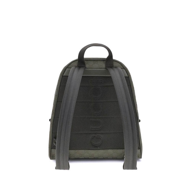 Green Cotton BackpackGucci’s Medium GG fabric Backpack is a functional and distinctive accessory. Made of the iconic forest green GG fabric, it is enhanced by elegant leather trim in the same color. The famous green and red Web detail adds a sporty and in