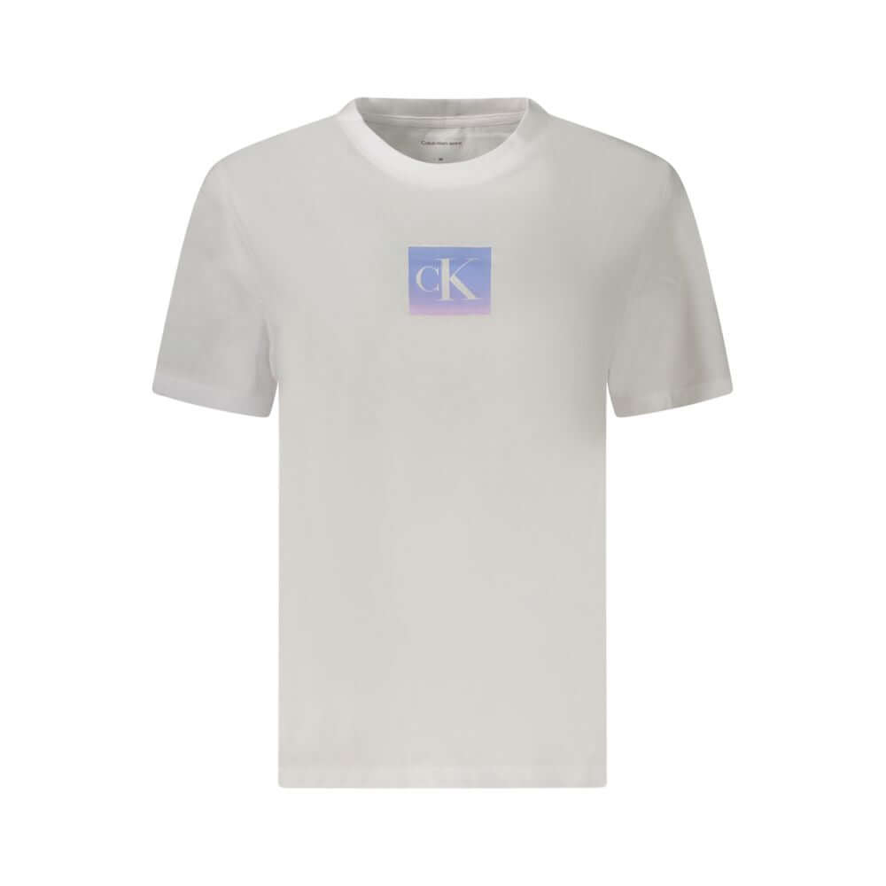 White Cotton Women T-ShirtElevate your wardrobe with the quintessential style of Calvin Klein. This short sleeve T-shirt boasts a bold yet minimalist aesthetic, perfect for the modern trendsetter. Featuring a classic crew neck and a striking print that sh