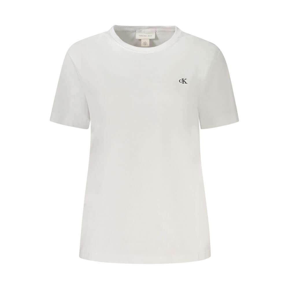 White Cotton Women T-ShirtEmbrace timeless style with a twist in this Calvin Klein crew neck T-shirt. Crafted from pure cotton for unparalleled comfort, its sleek white silhouette is elevated by the iconic logo delicately embroidered for that touch of ele