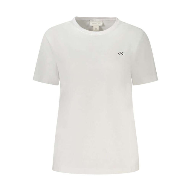 White Cotton Women T-ShirtEmbrace timeless style with a twist in this Calvin Klein crew neck T-shirt. Crafted from pure cotton for unparalleled comfort, its sleek white silhouette is elevated by the iconic logo delicately embroidered for that touch of ele