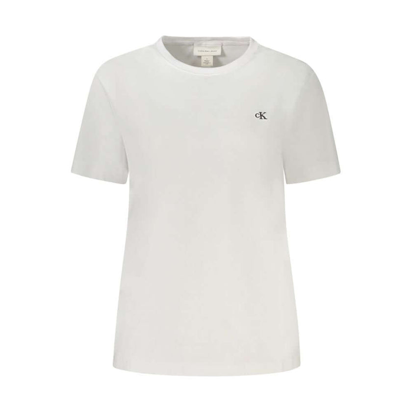 White Cotton Women T-ShirtEmbrace timeless style with a twist in this Calvin Klein crew neck T-shirt. Crafted from pure cotton for unparalleled comfort, its sleek white silhouette is elevated by the iconic logo delicately embroidered for that touch of ele