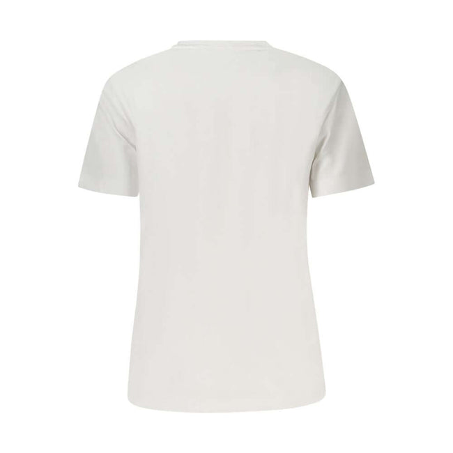 White Cotton Women T-ShirtEmbrace timeless style with a twist in this Calvin Klein crew neck T-shirt. Crafted from pure cotton for unparalleled comfort, its sleek white silhouette is elevated by the iconic logo delicately embroidered for that touch of ele