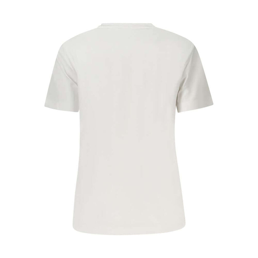 White Cotton Women T-ShirtEmbrace timeless style with a twist in this Calvin Klein crew neck T-shirt. Crafted from pure cotton for unparalleled comfort, its sleek white silhouette is elevated by the iconic logo delicately embroidered for that touch of ele