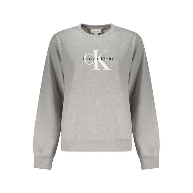 Gray Cotton Women SweaterUnleash the essence of effortless chic with this Calvin Klein masterpiece, a long-sleeved sweatshirt that exudes casual sophistication. The luxurious brushed texture, adorned with intricate embroidery and the iconic Calvin Klein l