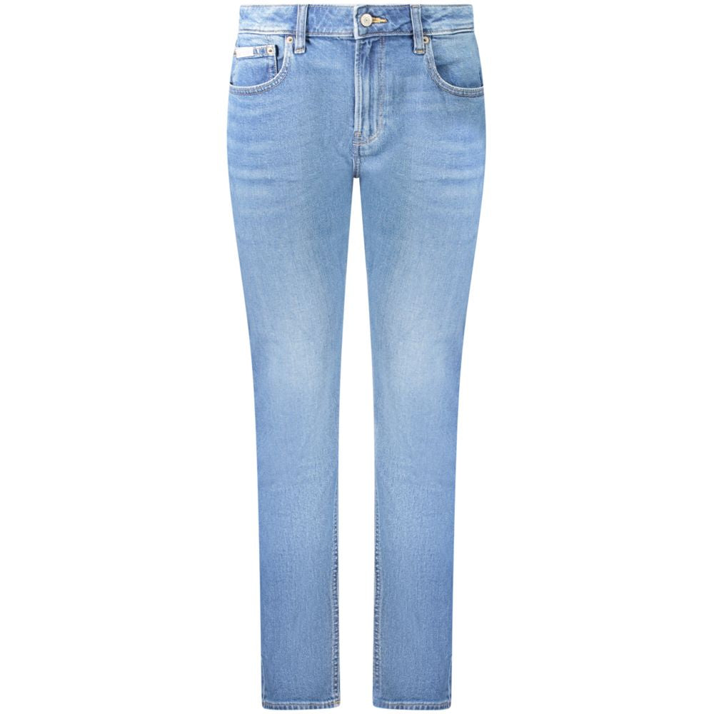 Blue Cotton Women's Slim JeanElevate your wardrobe with the timelessly chic Calvin Klein Mid Rise Slim Jeans. Designed for those who dare to stand out while appreciating the comfort of classic denim, these jeans feature a figure-flattering slim fit and a
