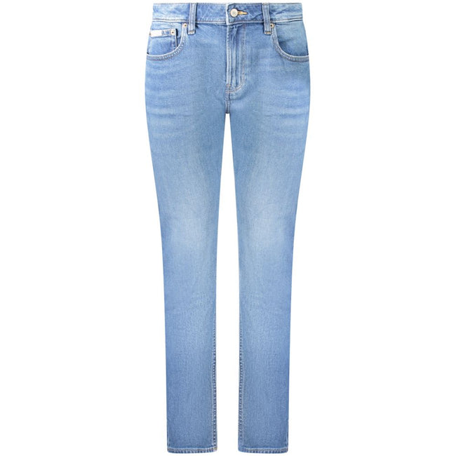 Blue Cotton Women's Slim JeanElevate your wardrobe with the timelessly chic Calvin Klein Mid Rise Slim Jeans. Designed for those who dare to stand out while appreciating the comfort of classic denim, these jeans feature a figure-flattering slim fit and a