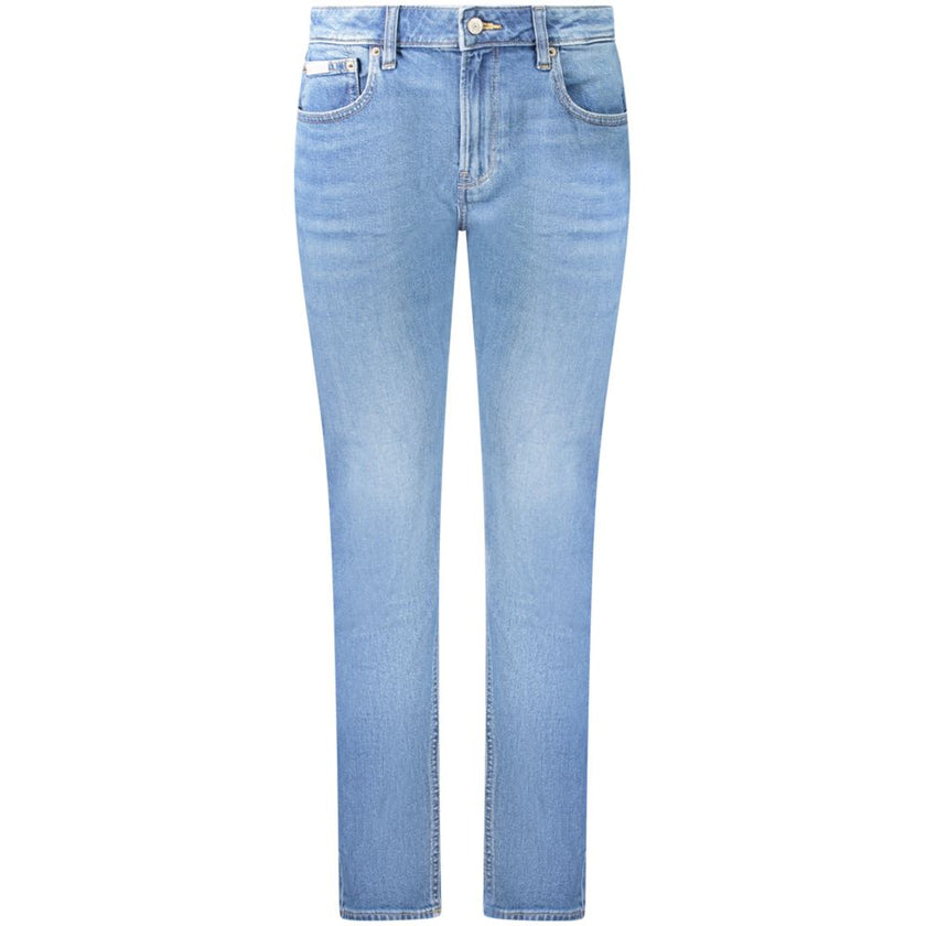 Blue Cotton Women's Slim JeanElevate your wardrobe with the timelessly chic Calvin Klein Mid Rise Slim Jeans. Designed for those who dare to stand out while appreciating the comfort of classic denim, these jeans feature a figure-flattering slim fit and a