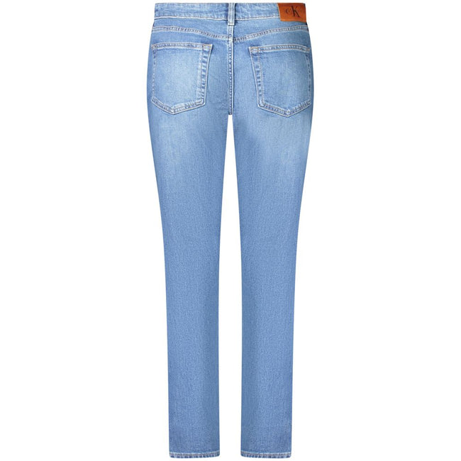 Blue Cotton Women's Slim JeanElevate your wardrobe with the timelessly chic Calvin Klein Mid Rise Slim Jeans. Designed for those who dare to stand out while appreciating the comfort of classic denim, these jeans feature a figure-flattering slim fit and a