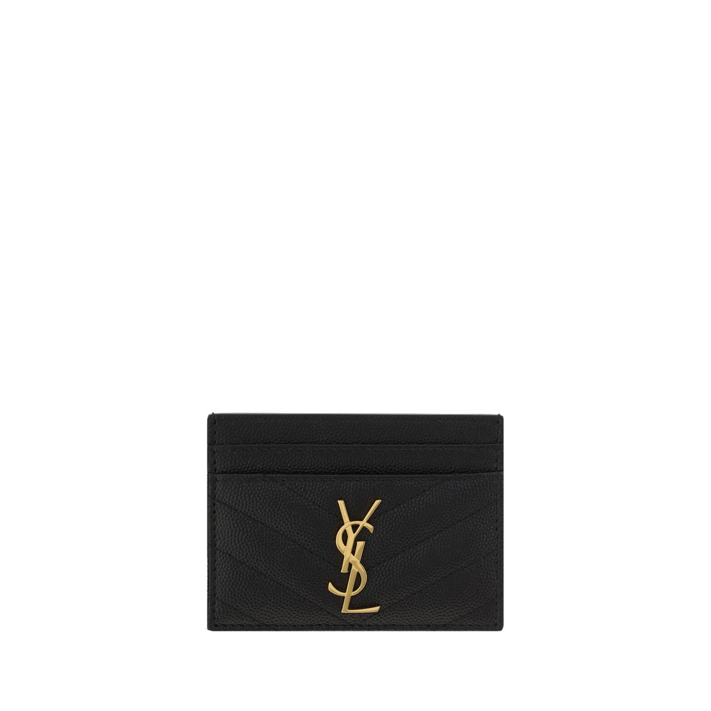 Black Calf Leather Bos Taurus CardholderCalfskin Card Holder by Saint Laurent, quilted matelassé design, front plaque with iconic three-dimensional YSL logo, card slots on front and back, bill compartment on top. Season: AW25 Dimension: 10.5×10.5 Composit