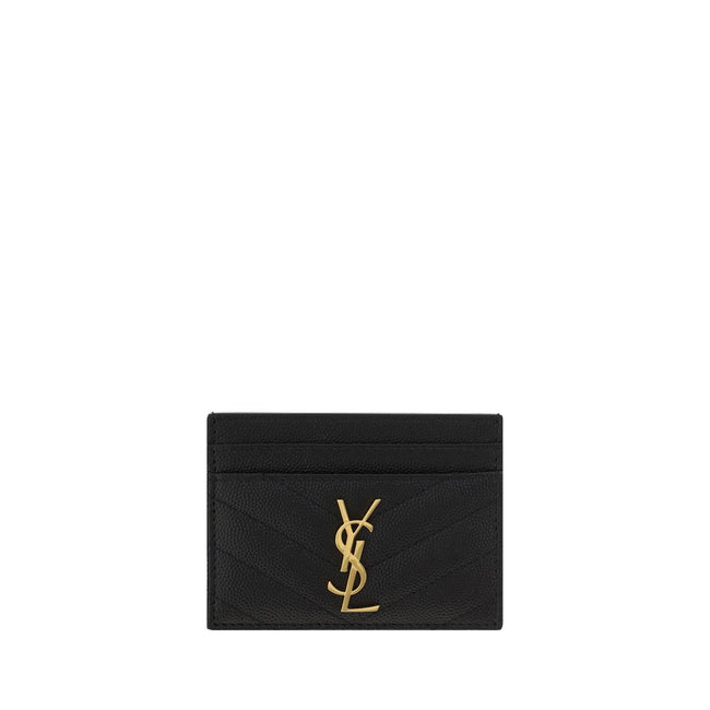 Black Calf Leather Bos Taurus CardholderCalfskin Card Holder by Saint Laurent, quilted matelassé design, front plaque with iconic three-dimensional YSL logo, card slots on front and back, bill compartment on top. Season: AW25 Dimension: 10.5×10.5 Composit