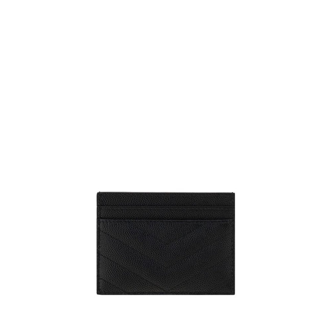 Black Calf Leather Bos Taurus CardholderCalfskin Card Holder by Saint Laurent, quilted matelassé design, front plaque with iconic three-dimensional YSL logo, card slots on front and back, bill compartment on top. Season: AW25 Dimension: 10.5×10.5 Composit
