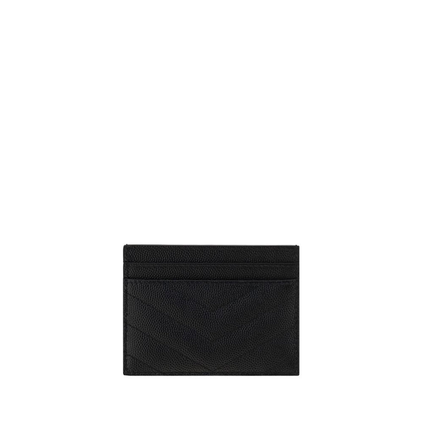 Black Calf Leather Bos Taurus CardholderCalfskin Card Holder by Saint Laurent, quilted matelassé design, front plaque with iconic three-dimensional YSL logo, card slots on front and back, bill compartment on top. Season: AW25 Dimension: 10.5×10.5 Composit