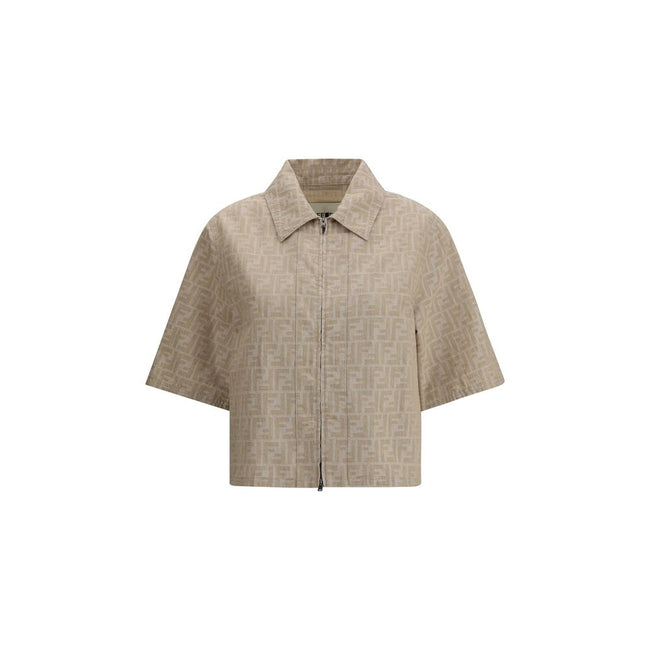 Beige Cotton Denim JacketFendi’s cropped chambray Jacket is made of lightweight cotton with a classic collar and short sleeves. This style features a double-slider front zipper closure and an all-over FF jacquard weave, the brand’s iconic detail, which gi