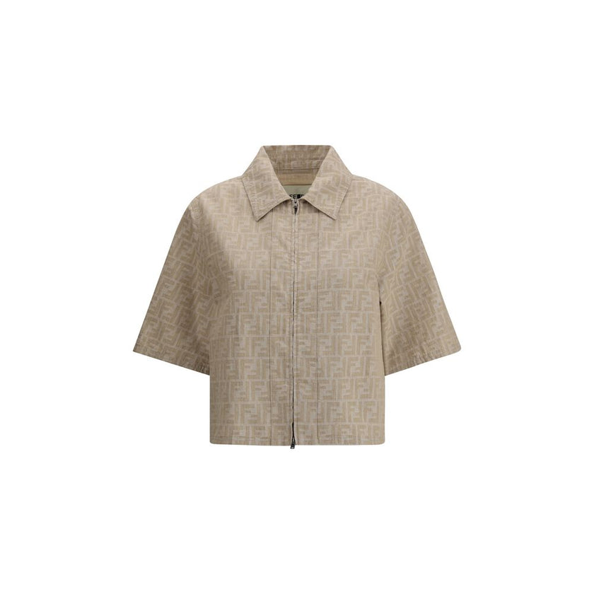 Beige Cotton Denim JacketFendi’s cropped chambray Jacket is made of lightweight cotton with a classic collar and short sleeves. This style features a double-slider front zipper closure and an all-over FF jacquard weave, the brand’s iconic detail, which gi