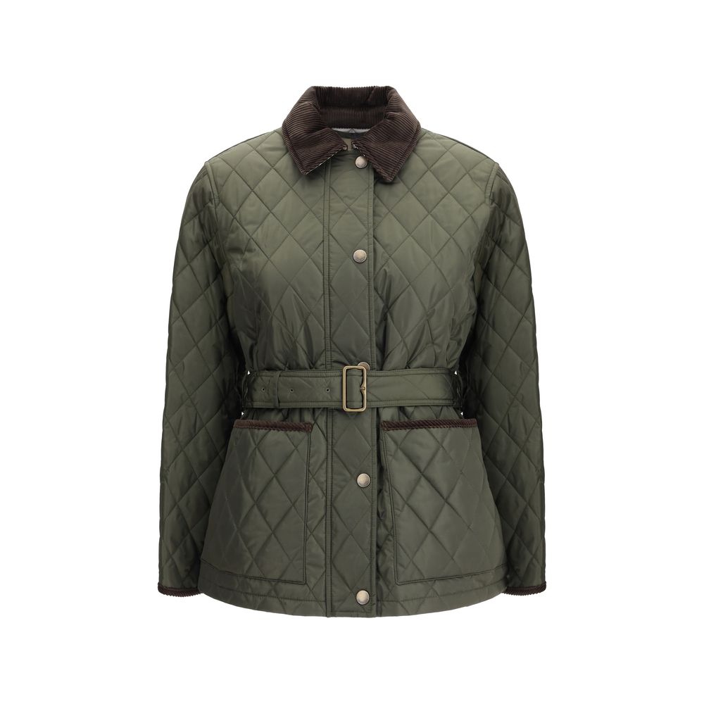 Green Polyamide CoatThe Burberry quilted Jacket is crafted from lightweight Italian-woven nylon, combining functionality with refined style. Featuring a zip and press stud fastening, it is finished with a flattering B-buckle belt. Side patch pockets add p