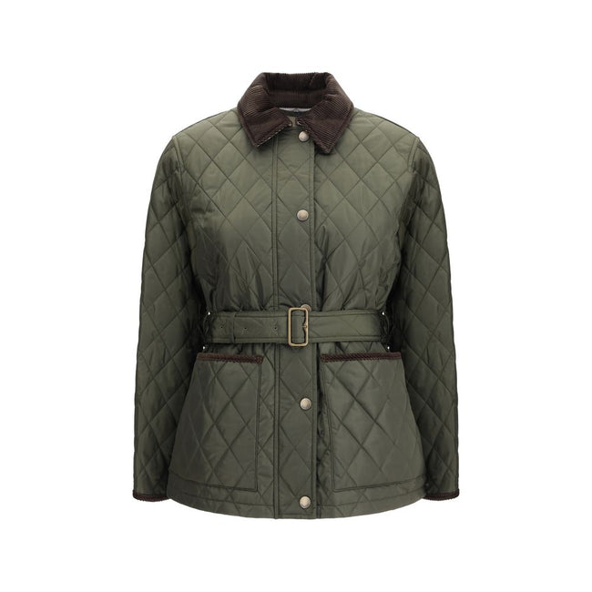 Green Polyamide CoatThe Burberry quilted Jacket is crafted from lightweight Italian-woven nylon, combining functionality with refined style. Featuring a zip and press stud fastening, it is finished with a flattering B-buckle belt. Side patch pockets add p