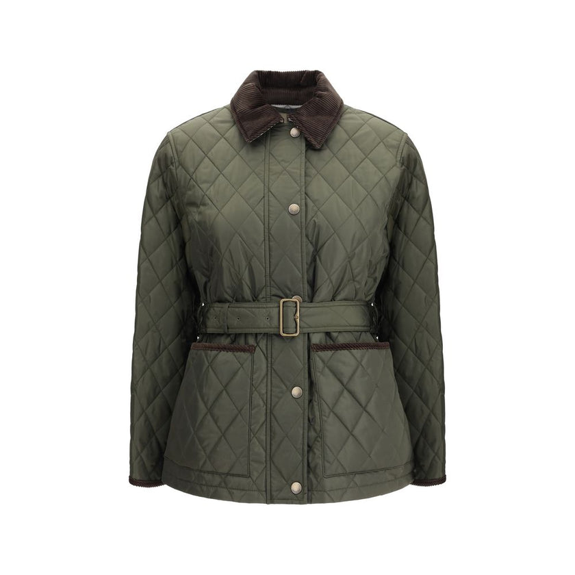 Green Polyamide CoatThe Burberry quilted Jacket is crafted from lightweight Italian-woven nylon, combining functionality with refined style. Featuring a zip and press stud fastening, it is finished with a flattering B-buckle belt. Side patch pockets add p