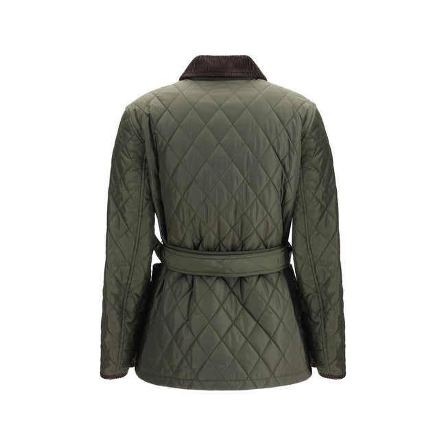 Green Polyamide CoatThe Burberry quilted Jacket is crafted from lightweight Italian-woven nylon, combining functionality with refined style. Featuring a zip and press stud fastening, it is finished with a flattering B-buckle belt. Side patch pockets add p