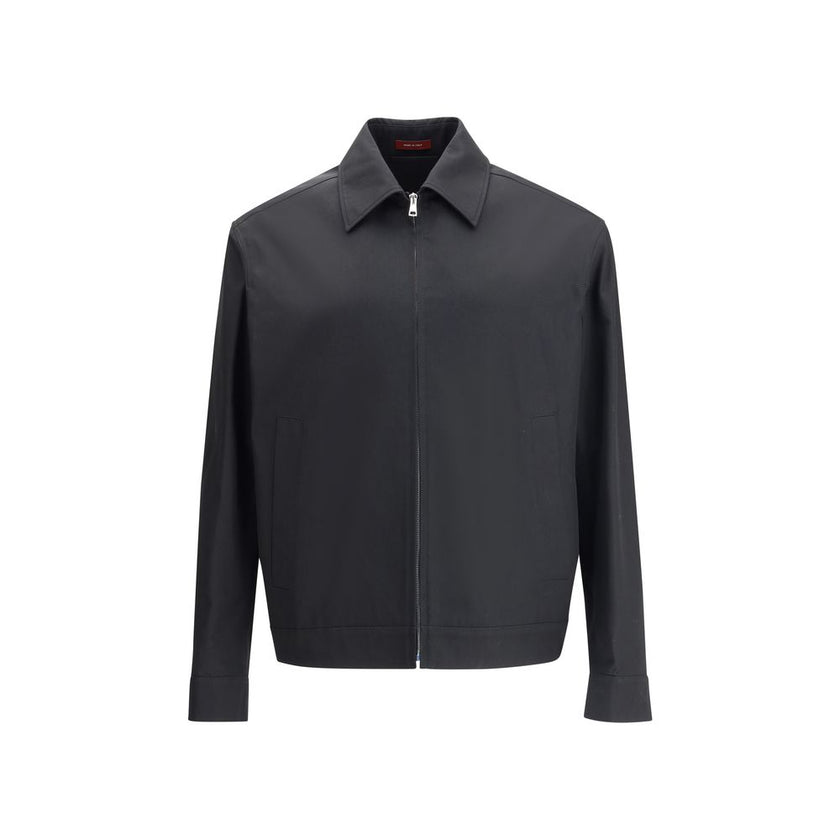 Black Cotton Shell JacketCotton Jacket by Gucci with classic collar and front zip closure. The model features two side welt pockets and adjustable cuffs with a button. The iconic multicolored stripes, a distinctive symbol of the Maison, stand out on the b