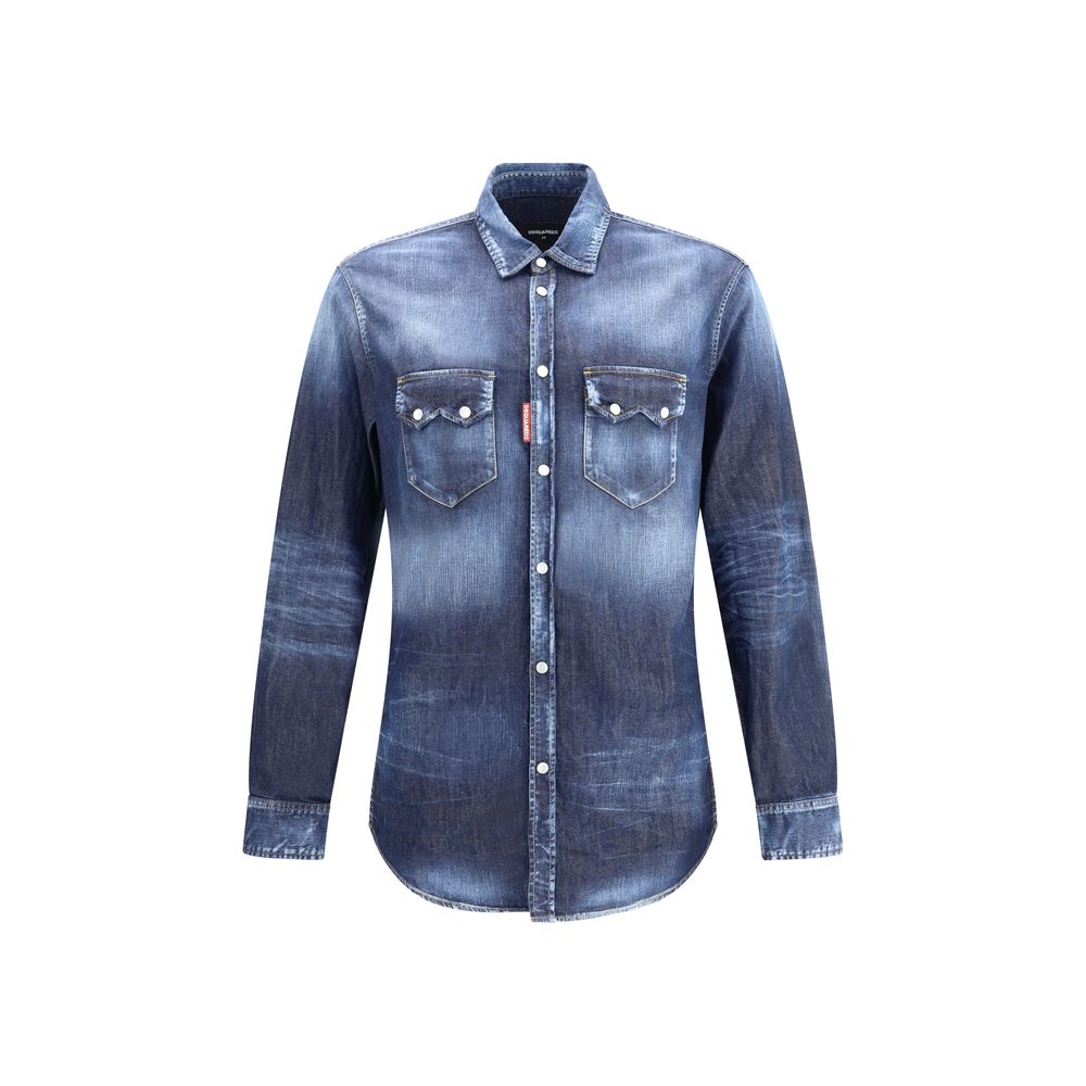 Blue Denim ShirtCotton Shirt with a denim-effect design by Dsquared2, with a classic collar and front closure with press studs. The model features two welt pockets with flap on the chest and adjustable cuffs with a button. A utility-inspired garment, perf
