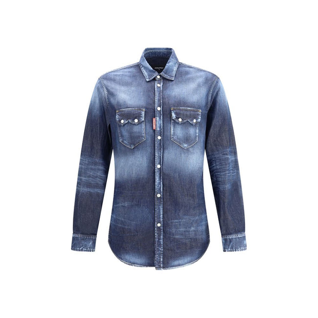 Blue Denim ShirtCotton Shirt with a denim-effect design by Dsquared2, with a classic collar and front closure with press studs. The model features two welt pockets with flap on the chest and adjustable cuffs with a button. A utility-inspired garment, perf
